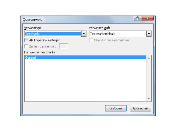 Wählen Sie unter Verweistyp den Eintrag Textmarke und unter Verweisen auf die Option Textmarkeninhalt aus. Markieren Sie dann unter Für welche Textmarke die zuvor erstelle Textmarke. Klicken Sie auf Einfügen und dann auf Schließen.