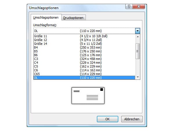 Klicken Sie wahlweise auf das Umschlagsymbol oder Optionen, um das Format für den Briefumschlag festzulegen.