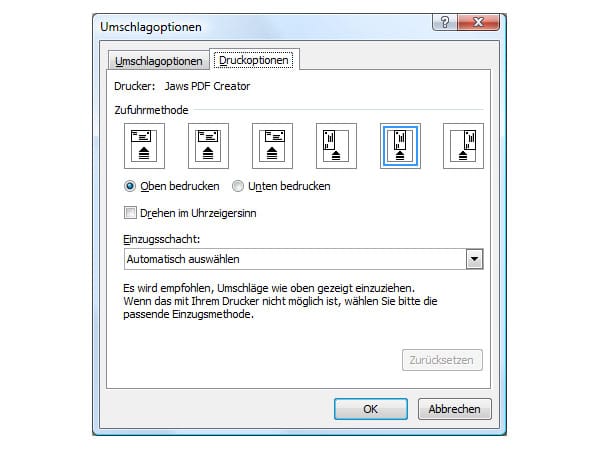 Unter dem Register Druckoptionen legen Sie fest, in welcher Weise der Umschlag dem Drucker zugeführt wird.