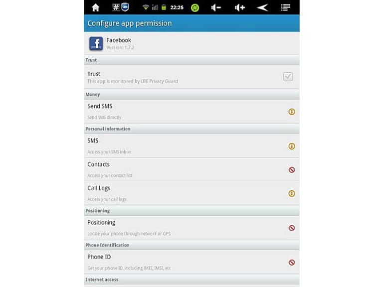 Wenn Sie die Rechte der Facebook-App wie abgebildet beschränkt haben, erfährt das soziale Netzwerk weder, wo Sie sich aufhalten, noch kann er Ihre Telefon-ID auslesen oder in Ihren Kontakten stöbern. Dennoch bleibt die Facebook-App funktionsfähig.
