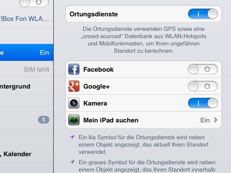 Ortungsdienste unter iOS einschränken: Um die Ortungsdienste auf einem iPhone oder iPad einzuschränken, wählen Sie zunächst die Einstellungen und dort den Unterpunkt Ortungsdienste. Hier können Sie die Ortungsdienste entweder insgesamt abschalten, oder für jede App einzeln. So können Sie zum Beispiel Facebook und Google die Ortung untersagen, Ihrer Kamera aber erlauben, Ortsdaten zu den Aufnahmen zu speichern.