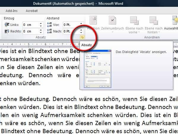 Klicken Sie im Bereich Absatz auf das kleine Symbol in der unteren rechten Ecke.