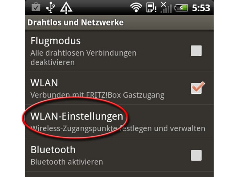 Für den Zugriff zuhause oder im Büro sollten Sie ein WLAN-einrichten. Die Einstellungen dafür finden Sie im Menü unter Drahtlos und Netzwerke im Bereich WLAN-Einstellungen.