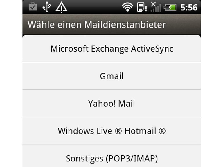 Ein E-Mail-Konto richten Sie ein, indem Sie auf dem Homescreen des Smartphones auf das Symbol Mail klicken. Die Einstellungen für einige Anbieter werden bereits vorgegeben. Sie können aber auch ein individuelles Konto über den Eintrag Sonstiges (Pop3/IMAP) manuell konfigurieren.