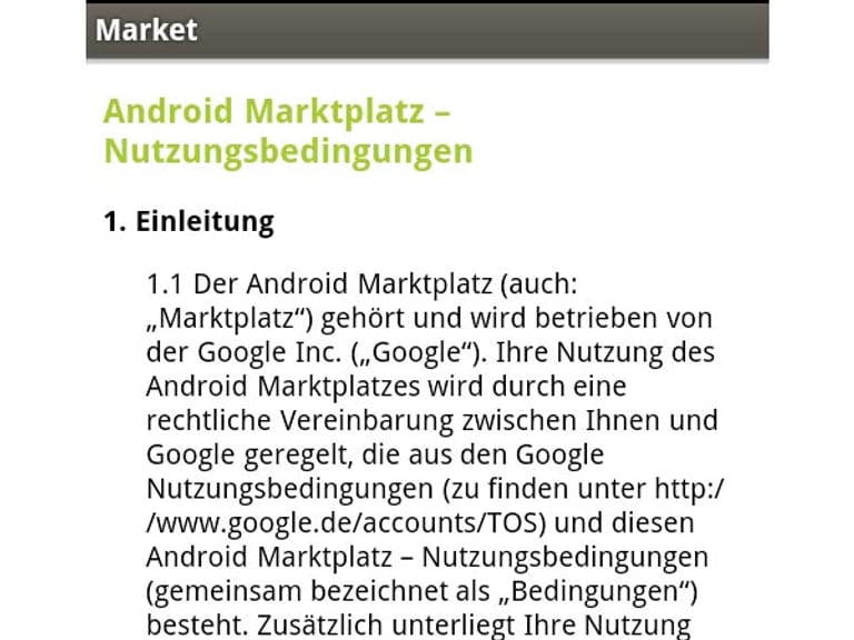 Bestätigen Sie die Nutzungsbedingungen für den Android Marktplatz.