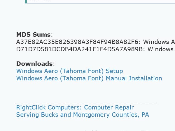 Scrollen Sie auf der Seite nach unten, und laden Sie dann die Programmdatei durch einen Klick auf den Link Windows Aero (Tahoma Font) Setup.