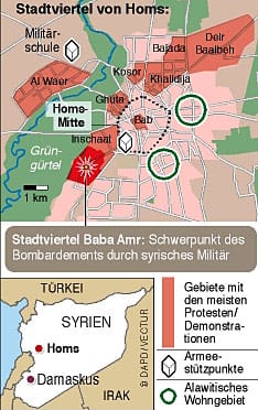 Die Karte zeigt den Innenstadtbereich von Homs mit den Zonen der Proteste und den Bombenzielen des Militärs.