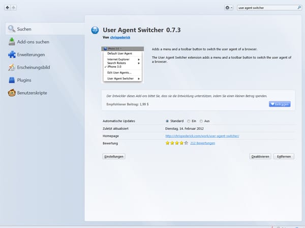 User Agent Switcher installieren. (Screenshot: t-online.de)