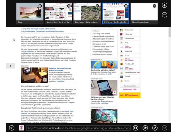 Der Internet Explorer 10 zeigt Webseiten im Vollbild-Modus.