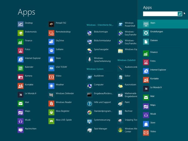 Das Startmenü ist abgeschafft: Gesucht wird direkt auf dem Desktop.