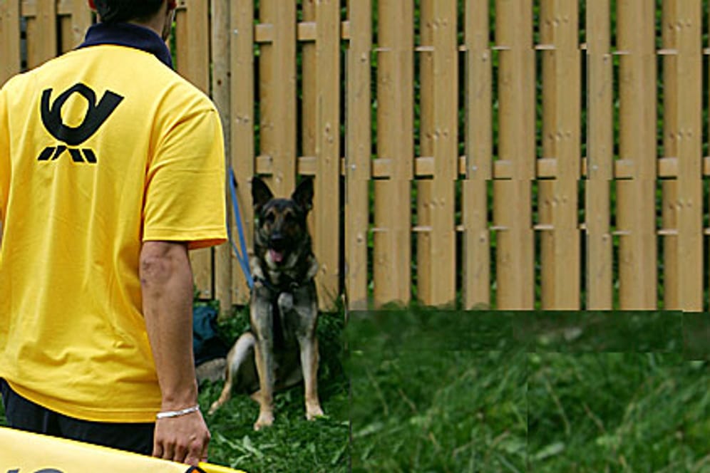 Ein Postbote der Deutschen Post beim Hundetraining.