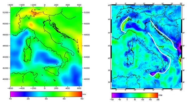 Italien: Die linke Karte zeigt die Dicke der Erdkruste, die Wurzeln der Alpen ragen rund 50 Kilometer in die Tiefe. Für die rechte Karte wurden die Schwerkraft-Unterschiede, die durch die gesamte Erdkruste verursacht werden, herausgerechnet. Übrig bleiben Unterschiede innerhalb der Erdkruste. Die mächtigen Ablagerungen in der Po-Ebene werden sichtbar. Italien: Die linke Karte zeigt die Dicke der Erdkruste, die Wurzeln der Alpen ragen rund 50 Kilometer in die Tiefe. Für die rechte Karte wurden die Schwerkraft-Unterschiede, die durch die gesamte Erdkruste verursacht werden, herausgerechnet. Übrig bleiben Unterschiede innerhalb der Erdkruste. Die mächtigen Ablagerungen in der Po-Ebene werden sichtbar.