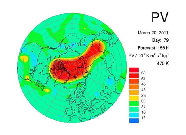 Polarwirbel im März 2011: Vom Ozonschwund betroffene Luftmassen reichten im Frühjahr 2011 weit nach Süden; auch Deutschland erlebte Tage mit starker UV-Strahlung.