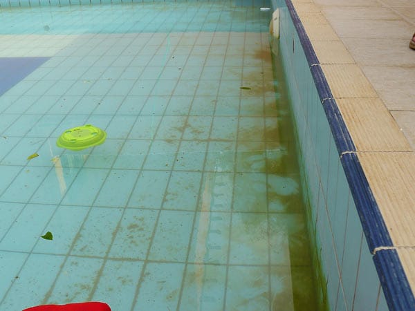 Grün ist leider auch der Pool. Dreck und Müll schwimmen im Becken, der Boden ist mit Sand bedeckt.