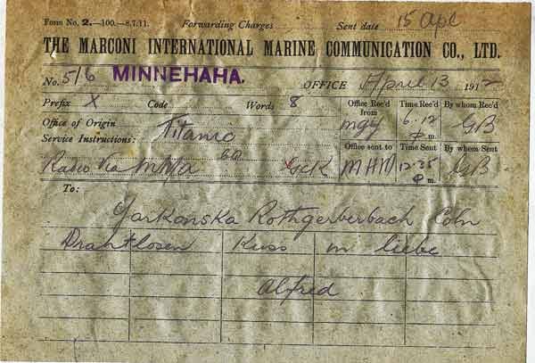 Telegramm von Alfred Nourney an seine Freundin Jarkonska am 13. April 1912: "Drahtlosen Kuss in liebe Alfred"