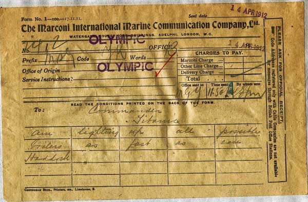 Antwort von Kapitän Haddock von der "Olympic" auf den Hilferuf der "Titanic": "Feuere alle vorhandenen Kessel an so schnell wie möglich. Haddock"