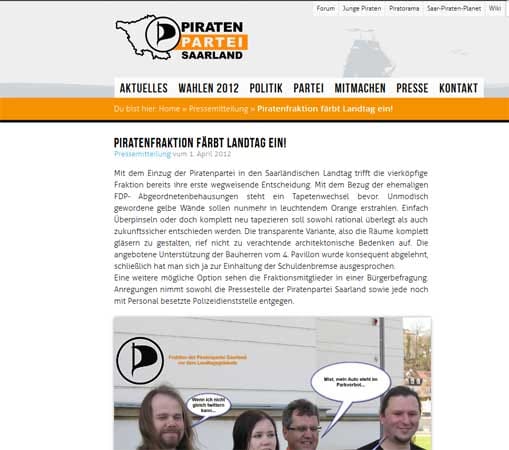 Die Piratenpartei verkündete, ihre Räume im saarländischen Landtag orange streichen zu wollen.