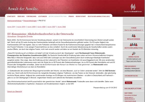 Auch der Deutsche Anwaltverein will am 1. April witzig sein. Er verkündet ein Alkoholverbot in der Osterwoche - außer für Messwein, Anwälte und Freiberufler.