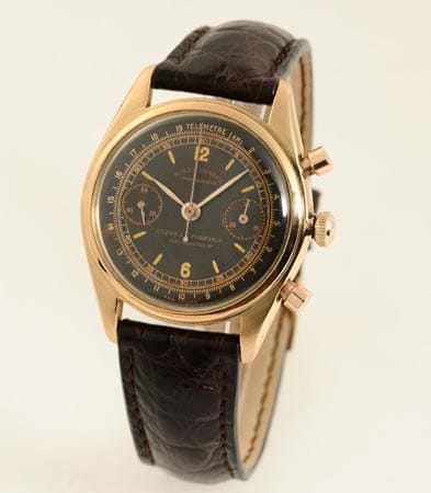 Die Uhr aus dem Jahr 1946 ist extrem selten. Der Chronograph mit Tachymeter- und Telemeterskala hat zudem eine nachvollziehbare Historie, er wurde an den kubanischen Juwelier Cuervo Y Sobrinos verkauft. Schätzpreis: 55.000 bis 65.000 Euro.