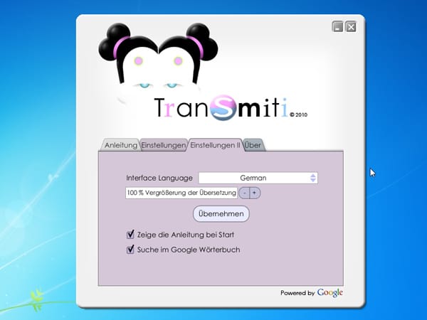 Transmiti stellt den Google Übersetzer in allen Windows-Anwendungen zur Verfügung. Sie markieren ein Wort oder einen ganzen Textabschnitt, drücken die Windows-Taste und schon zeigt Transmiti ein PopUp-Fenster mit der Übersetzung.