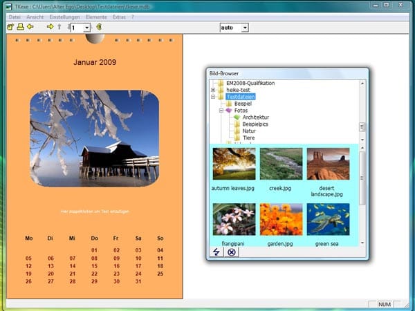 Ganz persönliche Fotokalender erstellen Sie mit TKexe. Bei der Gestaltung können Sie auf eine der zahlreichen Vorlagen zurückgreifen oder Ihren ganz individuellen Kalender zusammenstellen. Alle Elemente lassen sich frei positionieren und anpassen.