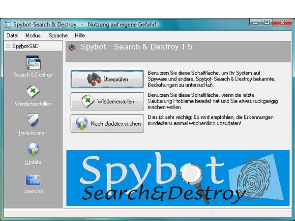 Spybot - Search & Destroy durchsucht Ihr System nach Adware- und Spionage-Programmen. Wird die Freeware fündig, entfernt sie auf Wunsch die für Werbung und Spionage zuständigen Programmteile. In den meisten Fällen läuft die jeweilige Software danach ohne Probleme weiter. Gratis-Download Spybot - Search & Destroy