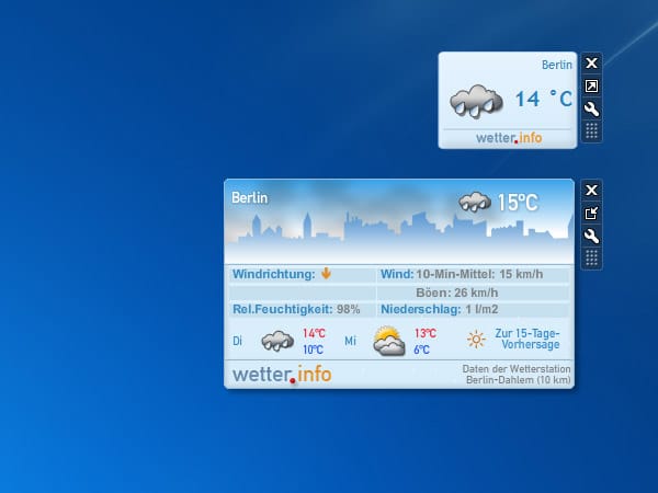 Mit dem Wetter-Gadget von wetter.info holen Sie sich die aktuellen Wettervorhersagen für Ihre Stadt direkt auf den Desktop. Das Wetter-Gadget ist im T-Online Gadget-Paket enthalten.
