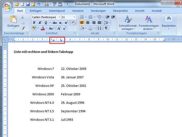 Mit dem rechten Tabstopp kann man interessante Listen gestalten. In unserem Beispiel haben wir zuerst den rechten und kurz dahinter den linken Tabstopp gesetzt. Der Text in der linken Spalte ist dann rechtsbündig ausgerichtet, umgekehrt der Text in der rechten Spalte linksbündig.