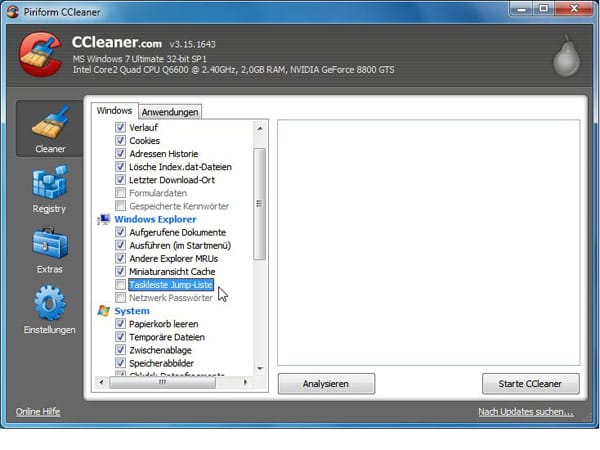 Auch bei den Sprunglisten geht CCleaner mitunter zu gründlich vor und löscht sie kurzerhand. Deshalb ist es ratsam, die Sprunglisten von der Putzaktion ausnehmen. Entfernen Sie dazu im Reiter Windows beim Abschnitt Windows Explorer den Haken bei Taskleiste Jump-Liste.