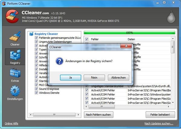 Bevor die Registry bereinigt wird sollte man die aktuelle Konfiguration sichern. Falls ein Programm nach dem Aufräumen mit CCleaner nicht mehr einwandfrei funktioniert, können Sie mit dieser Sicherheitskopie den ursprünglichen Zustand der Registry einfach wiederherstellen.