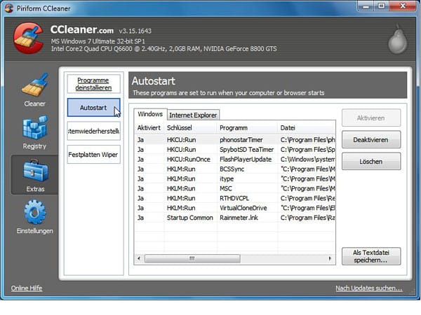 CCleaner gewährt hier auch einen Einblick in den Autostart-Bereich von Windows. Möchten Sie ein bestimmtes Programm nicht mehr automatisch starten lassen, können Sie den Eintrag entfernen.