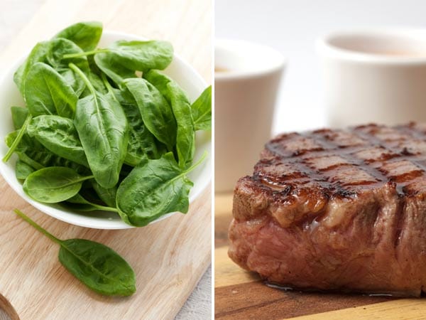 Spinat mit Steak – hemmt die Eisenaufnahme