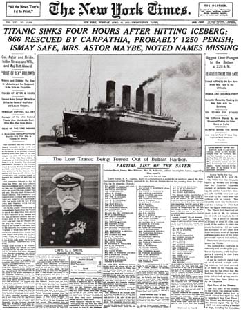 Am 16. April 1912 gab es auf der ersten Seite der "New York Times" kein anderes Thema als das Unglück.