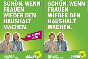 Die Bildkombo zeigt den ursprünglichen Entwurf des Wahlplakats von Bündnis 90/Die Gründen in NRW (l), daneben die neue Fassung des Plakats