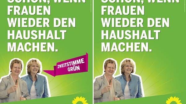 Die Bildkombo zeigt den ursprünglichen Entwurf des Wahlplakats von Bündnis 90/Die Gründen in NRW (l), daneben die neue Fassung des Plakats