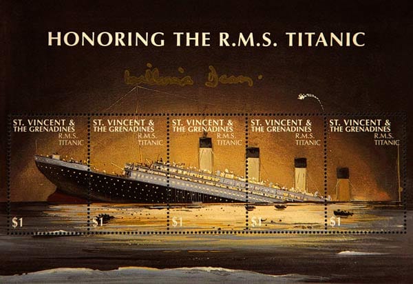 Sonder-Briefmarken erinnern an die "Titanic". Diese Serie von St. Vincent und den Grenadinen trägt zudem die Unterschrift der letzten Überlebenden, Millvina Dean. Sie starb 2009.