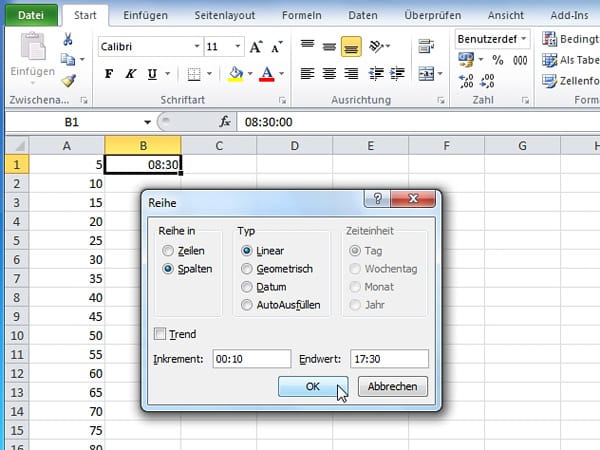 Datenreihen ausfüllen mit Excel 2010 und 2007