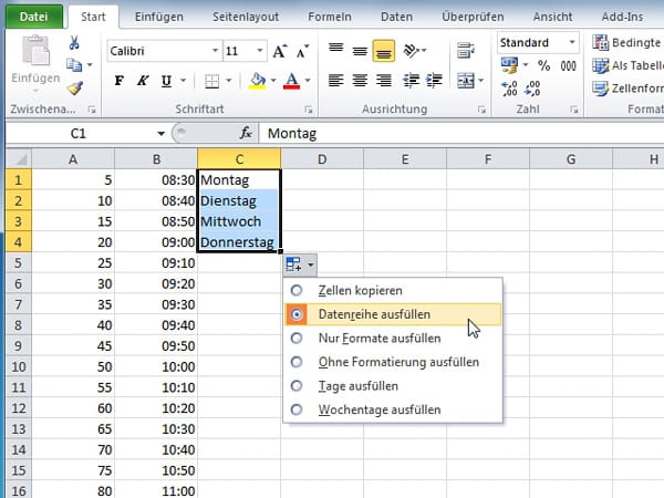 Datenreihen ausfüllen mit Excel 2010 und 2007