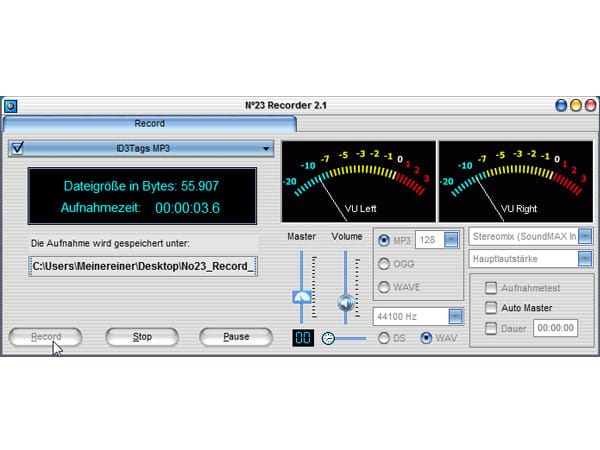 No23 Recorder ist ein kostenloses und Tool zum Aufnehmen von MP3-, WAV- oder Ogg Vorbis-Dateien. Neben der Aufnahme-Funktion verfügt das Programm über einen vu-Meter zur Aussteuerung der Tonaufnahme.