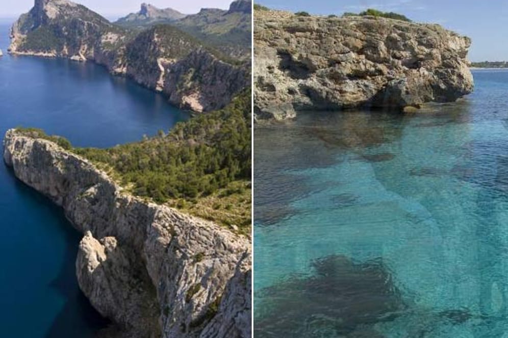 Die Buchten der Baleareninsel Formentera (rechts) können locker mit denen von Mallorca (links) mithalten.