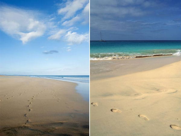 Der perfekte Strandurlaub mit ganzjähriger Sonnengarantie: Die Kapverden (rechts) werden häufig mit den Kanarischen Inseln (links) vor 20 Jahren verglichen, doch noch verzeichnen die Kapverden nur einen Bruchteil der Kanarengäste.