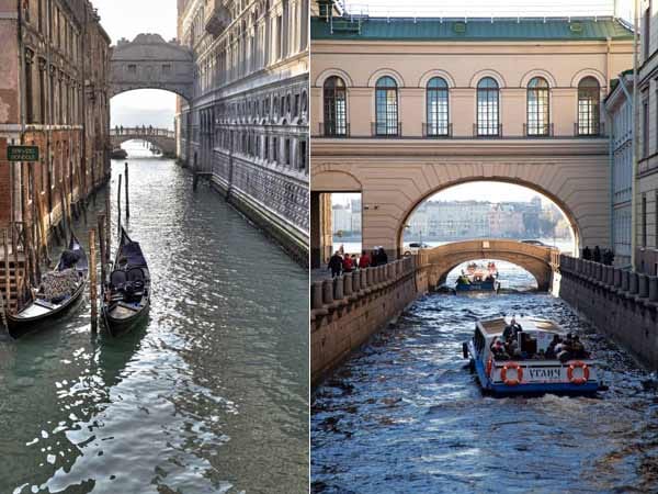 Täglich möchten in der Hochsaison bis zu 60.000 Touristen die Schönheit Venedigs (links) erleben. Das sind mehr Touristen als die Stadt verträgt. Weniger gefährdet ist hingegen Sankt Petersburg (rechts), das häufig als das "Venedig des Nordens" bezeichnet wird.