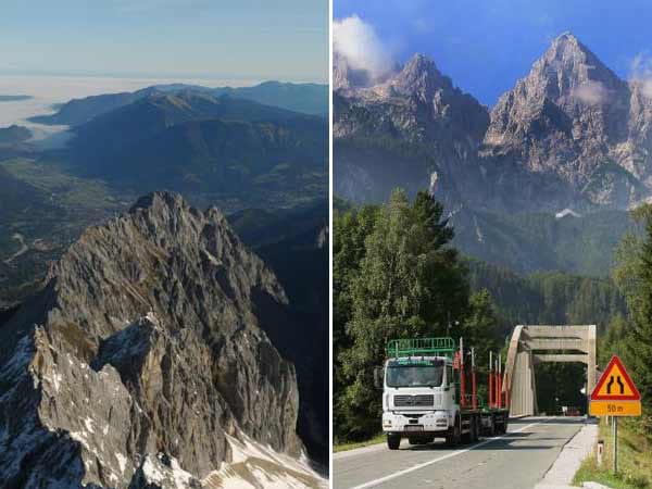 Wer die Berge liebt, muss nicht immer in die uns bekannten Alpen in Frankreich, Österreich, Deutschland und der Schweiz fahren (links). Ebenso schöne, schroffe Felskämme können Urlauber in den Julischen Alpen in Slowenien (rechts) erleben.