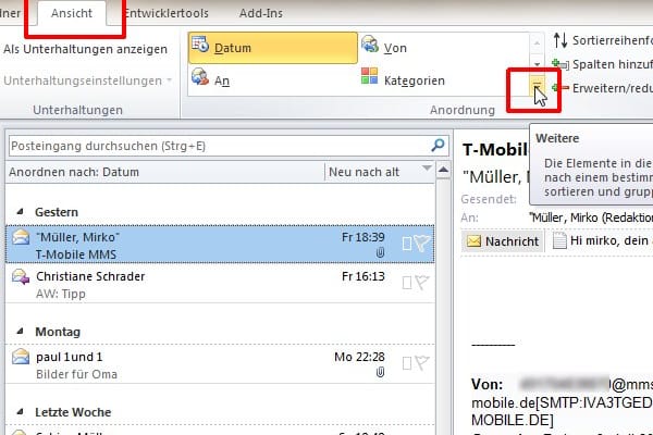 Wenn Sie statt der klassischen chronologischen Sortierung eine andere Reihenfolge bevorzugen, klicken Sie auf 'Ansicht'-- 'Anordnung'.