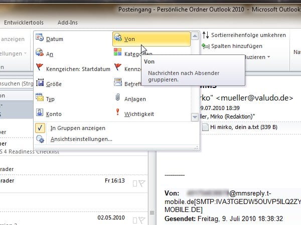 Anschließend wählen Sie die gewünschte Reihenfolge, etwa Von für eine Sortierung nach Absender oder Anlagen, um alle Mails mit Attachments ganz oben anzuzeigen.