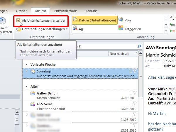 Am interessantesten ist die Unterhaltungsansicht. Die erreichen Sie durch Ankreuzen der Option Als Unterhaltungen anzeigen.