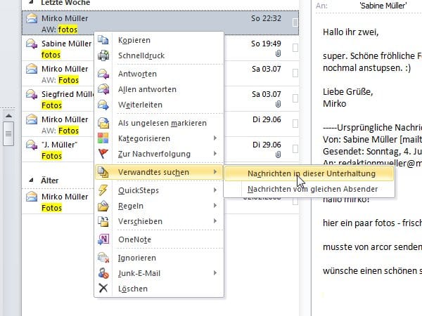 Sie suchen eine bestimmte Unterhaltung oder alle Mails eines Absenders? Dann klicken Sie mit der rechten Maustaste auf die Mail und wählen aus dem Untermenü den entsprechenden Befehl.
