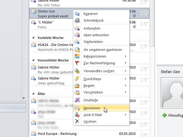 In Zukunft ohne mich: Falls bestimmte Diskussionen für Sie uninteressant sind, können Sie sich ausklinken. Klicken Sie mit der rechten Maustaste auf eine der Diskussionsmails, und rufen Sie den Befehl 'Ignorieren' auf.