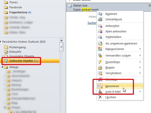 Soll die Löschautomatik für Diskussionen wieder deaktiviert werden, wechseln Sie in den Ordner 'Gelöschte Objekte', klicken mit der rechten Maustaste auf eine der Diskussionsmails und wählen erneut den Befehl 'Ignorieren'.