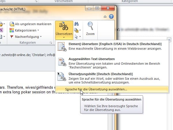 Reichen die Fremdsprachenkenntnisse nicht aus, hilft Outlook beim Übersetzen.